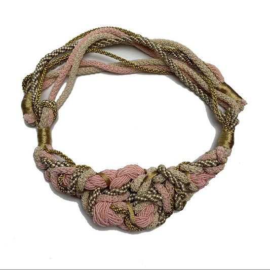 Vintage 70s 80s Beaded Braided Rope Belt Pink Gold Statement Cord