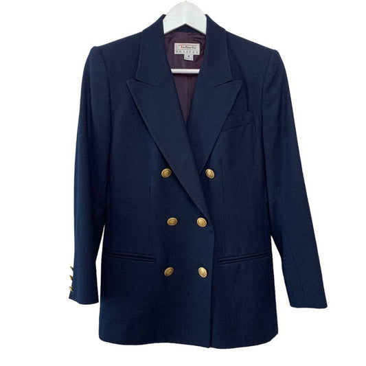 Vintage 80s 90s Talbots Blazer Double Breasted Gold Buttons Navy Blue 4P Wool