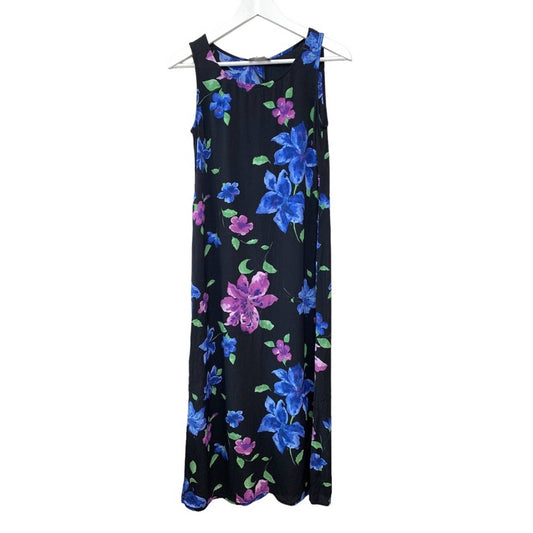 Vintage 90s Carol Anderson Black Floral Maxi Midi Dress XS Petite Blue Purple