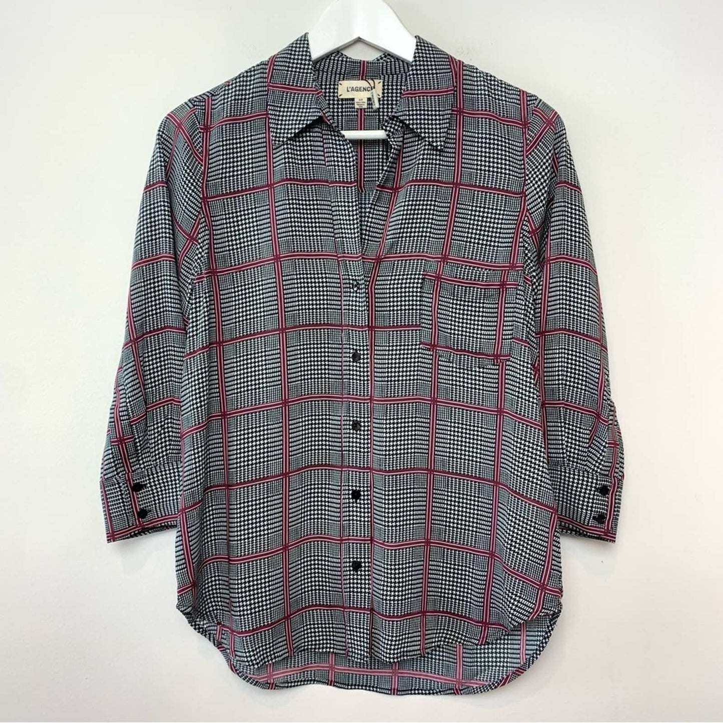 L'Agence Nina Check Printed Blouse Small Plaid Twee Button Down Collared Shirt