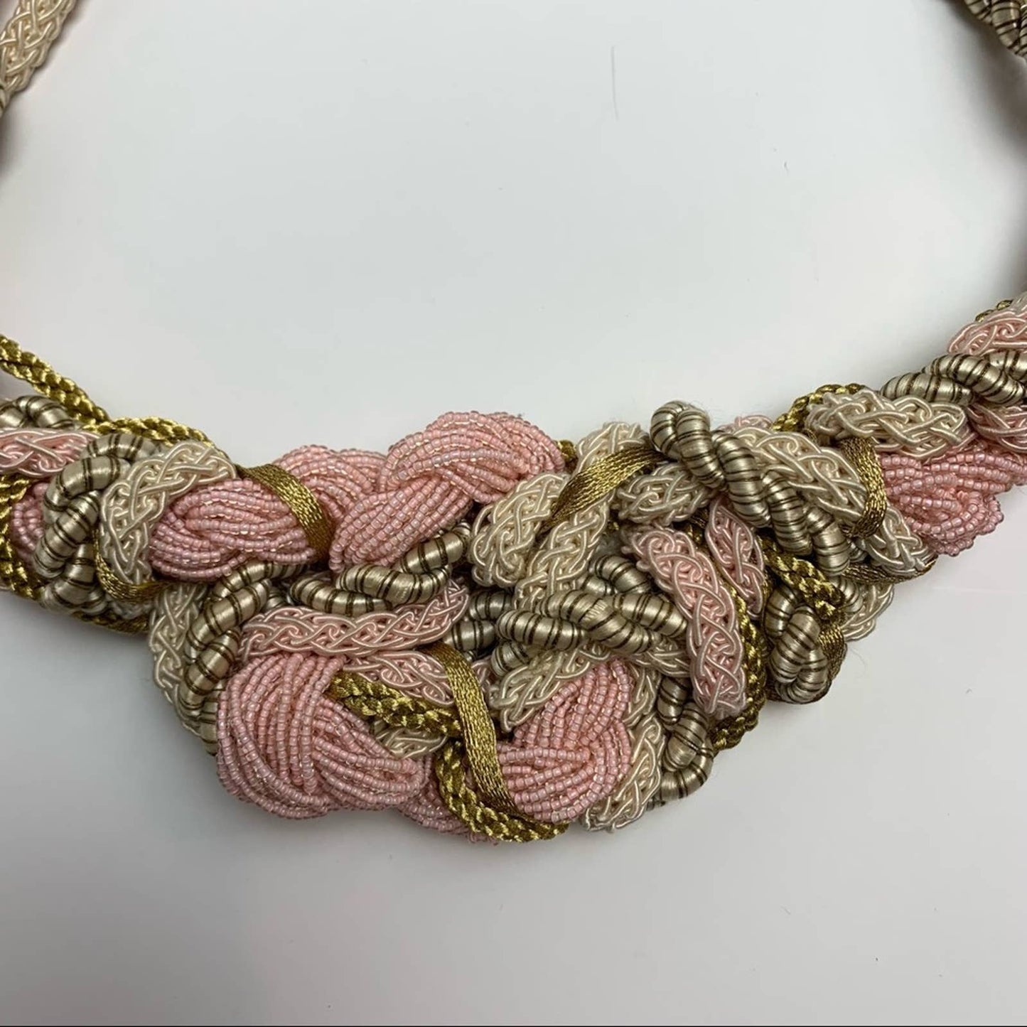 Vintage 70s 80s Beaded Braided Rope Belt Pink Gold Statement Cord