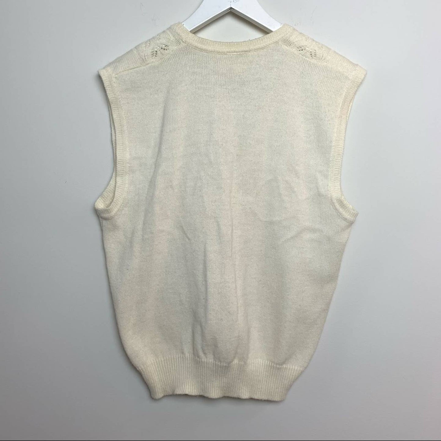 80s Tan F Jay Cream Knit Sweater Vest Pearl Buttons XL Grandpa Academia