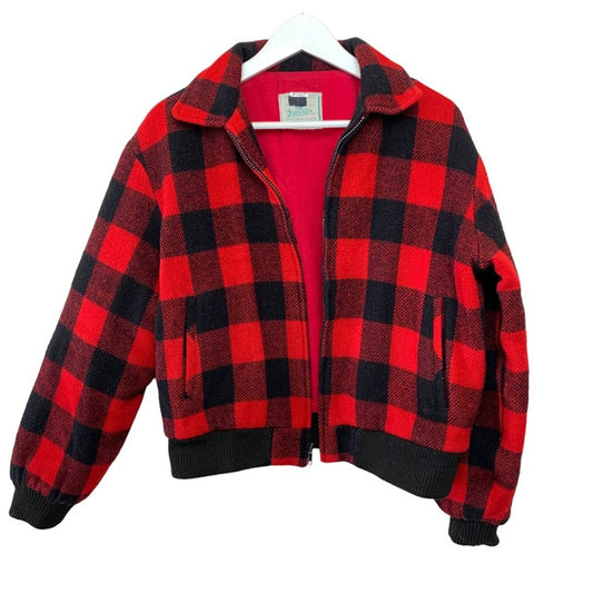 Vintage Johnson Wool Buffalo Plaid Bomber Jacket Red Black Checkered Small