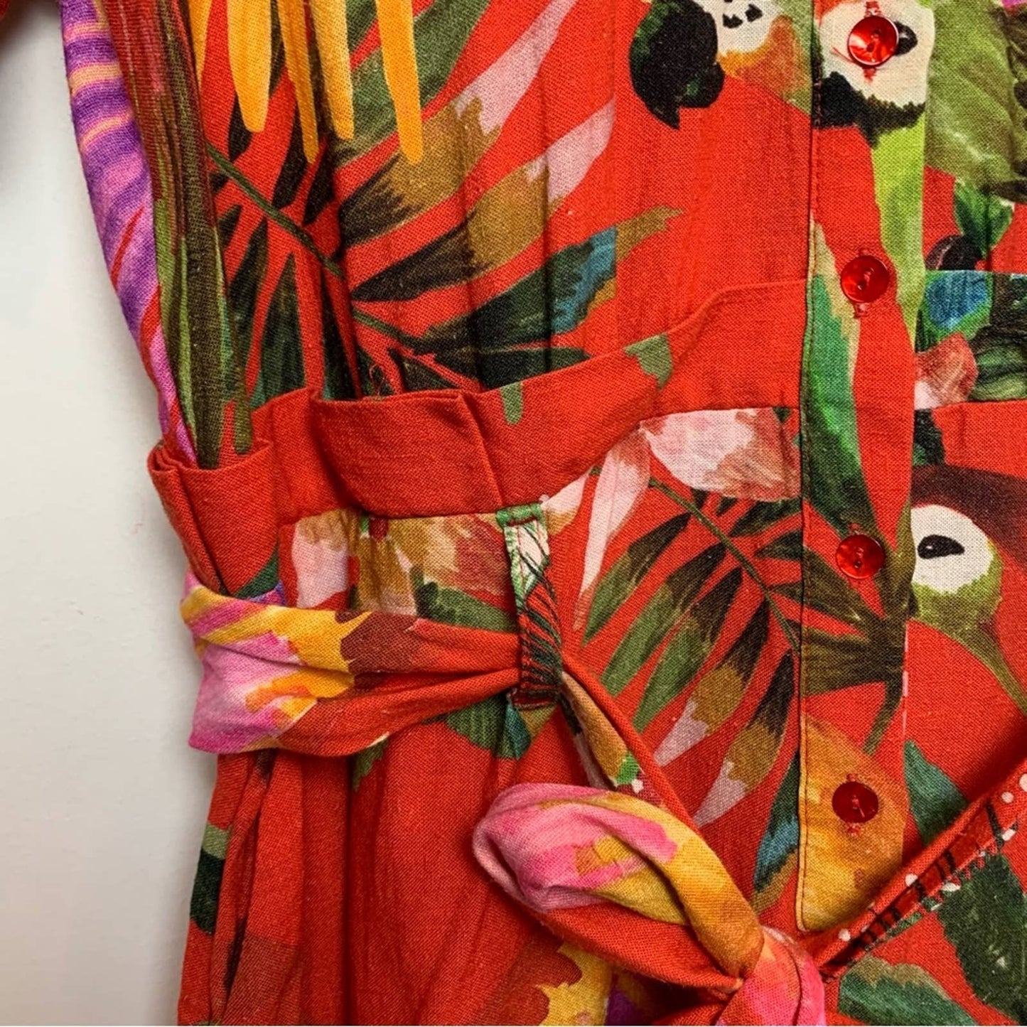 Farm Rio Red Macaw Romper Small Tropical Print