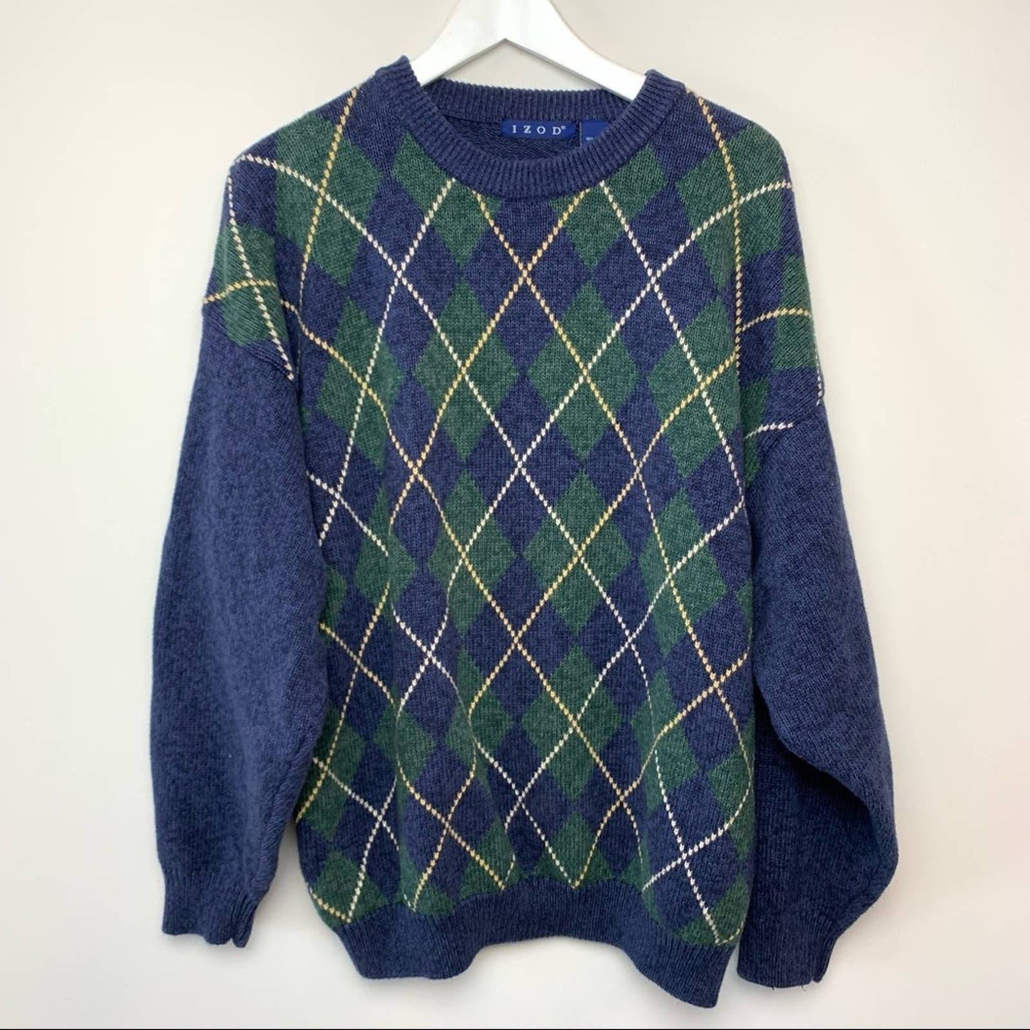 Vintage Izod 90s Argyle Chunky Knit Grandpa Sweater XL Cotton Oversized Blue