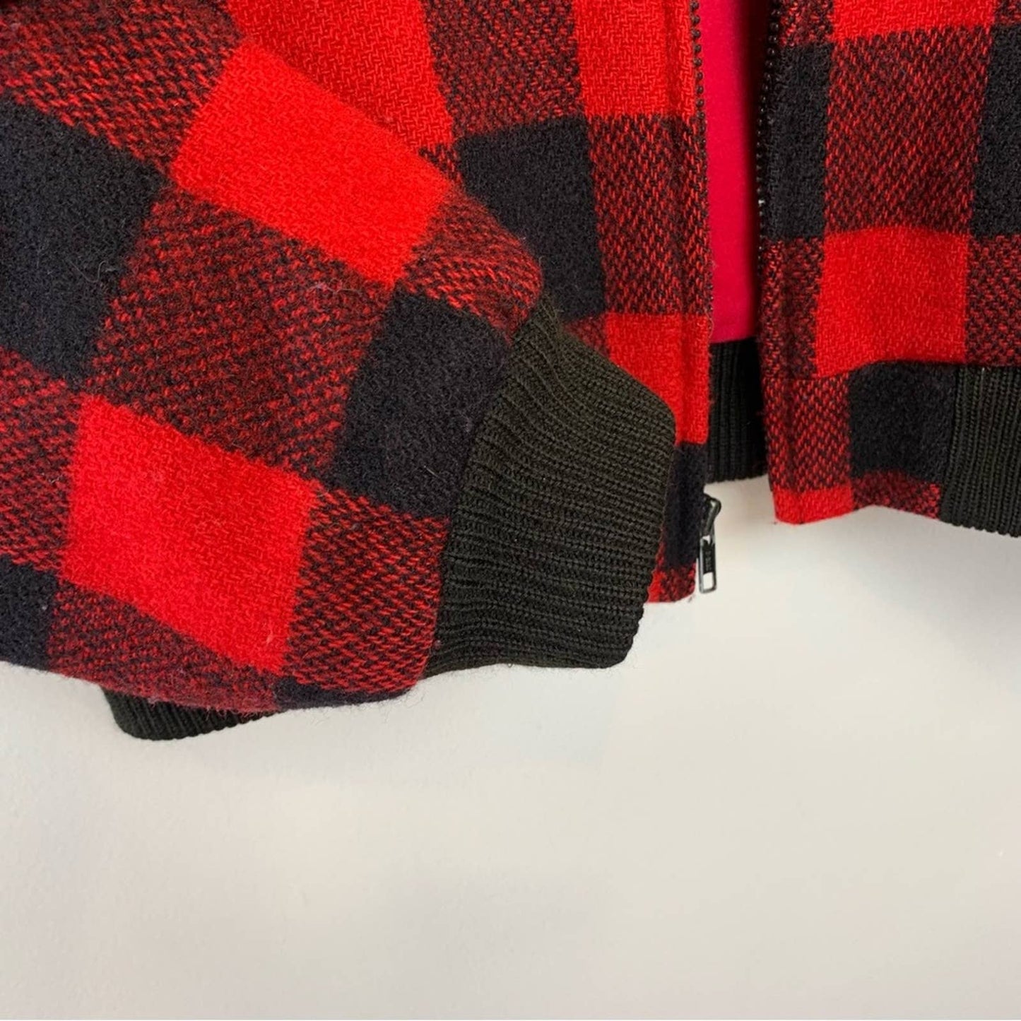 Vintage Johnson Wool Buffalo Plaid Bomber Jacket Red Black Checkered Small