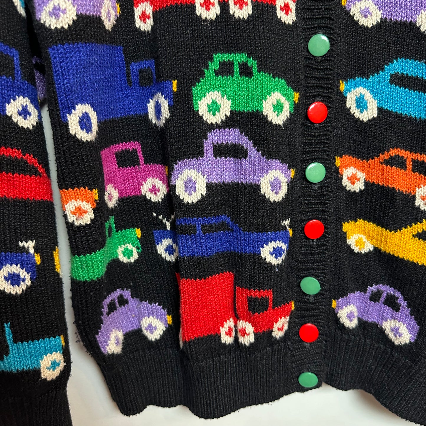 Vintage 90s Christine Foley Cars Cardigan Sweater Colorful Rainbow Chunky Knit