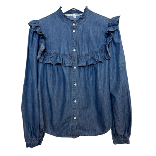 Veronica Beard Tes Chambray Button Down Top Denim Jean Blue Ruffle Western 4