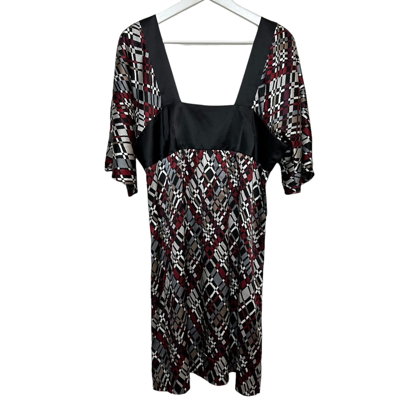 Y2K Trina Turk Silk Dress Geometric Patterned Red Black Grey Kimono Babydoll 12