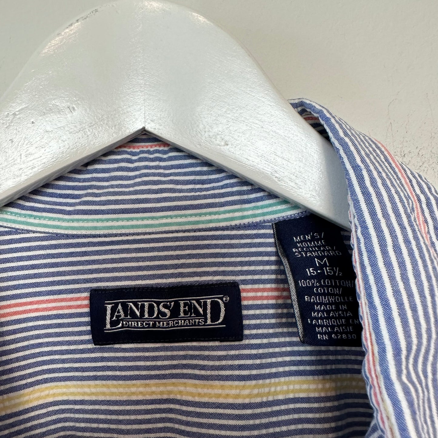 Lands' End Striped Seersucker Shirt Short Sleeve Button Down Collared Medium 15-15 1/2