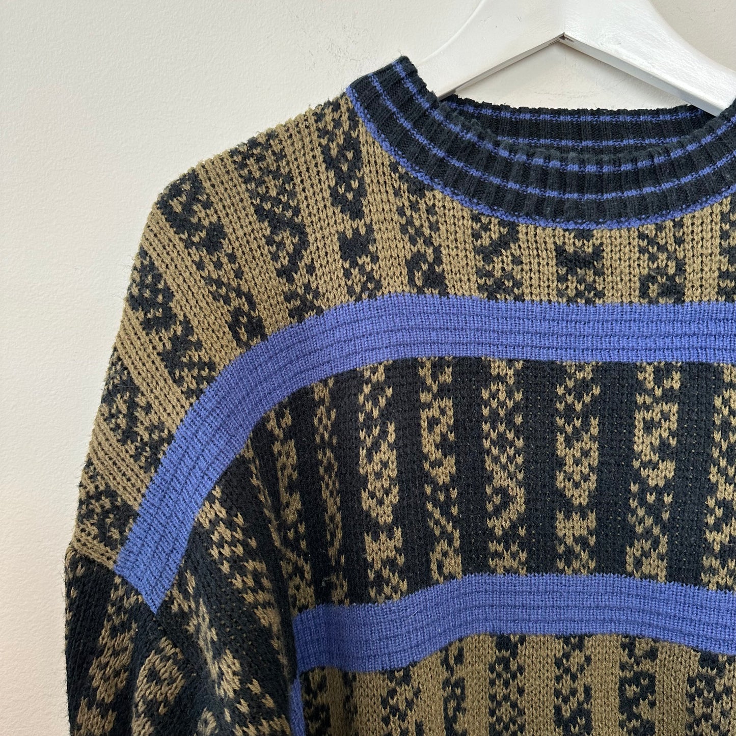 Vintage 90s Zeppelin Chunky Knit Grandpa Sweater Geometric Green Blue Large