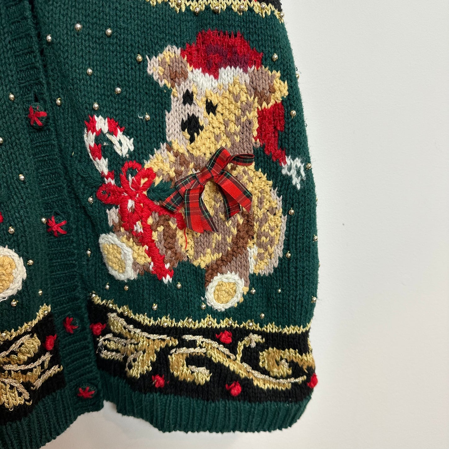 Vintage 90s Christmas Sweater Vest Chunky Knit Teddy Bears Red Green Plaid