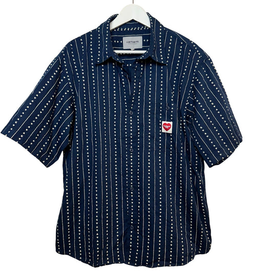 Carhartt WIP Drewe Shirt Short Sleeve Button Front Navy Blue Hearts Cotton Large
