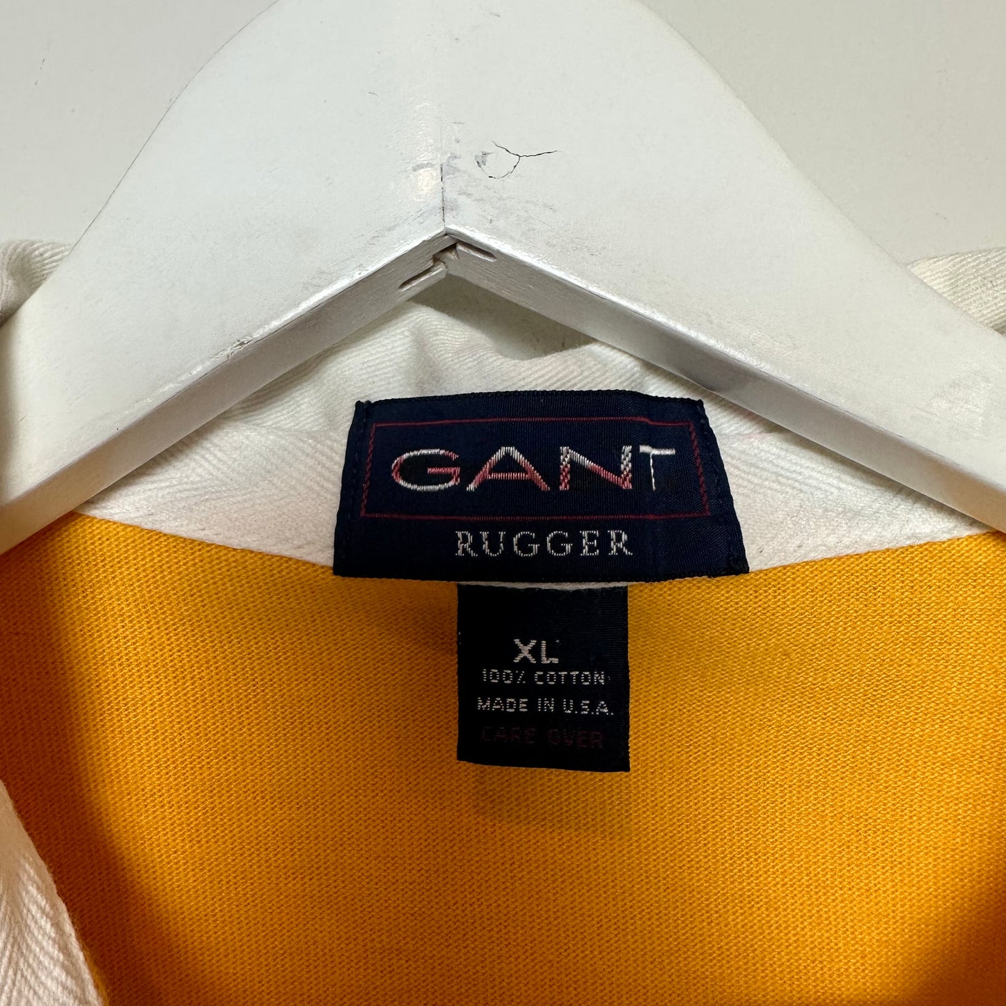 Vintage 90s GANT Rugger Rugby Shirt Bold Striped Yellow Blue Made in the USA XL