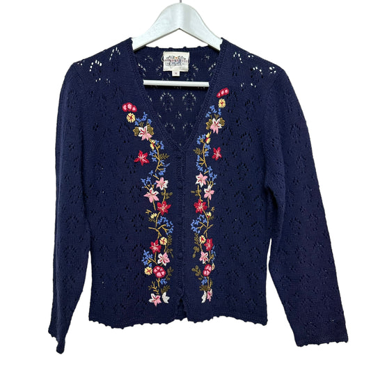 Vintage 90s Susan Bristol Navy Blue Cardigan Sweater Embroidered Flowers Medium