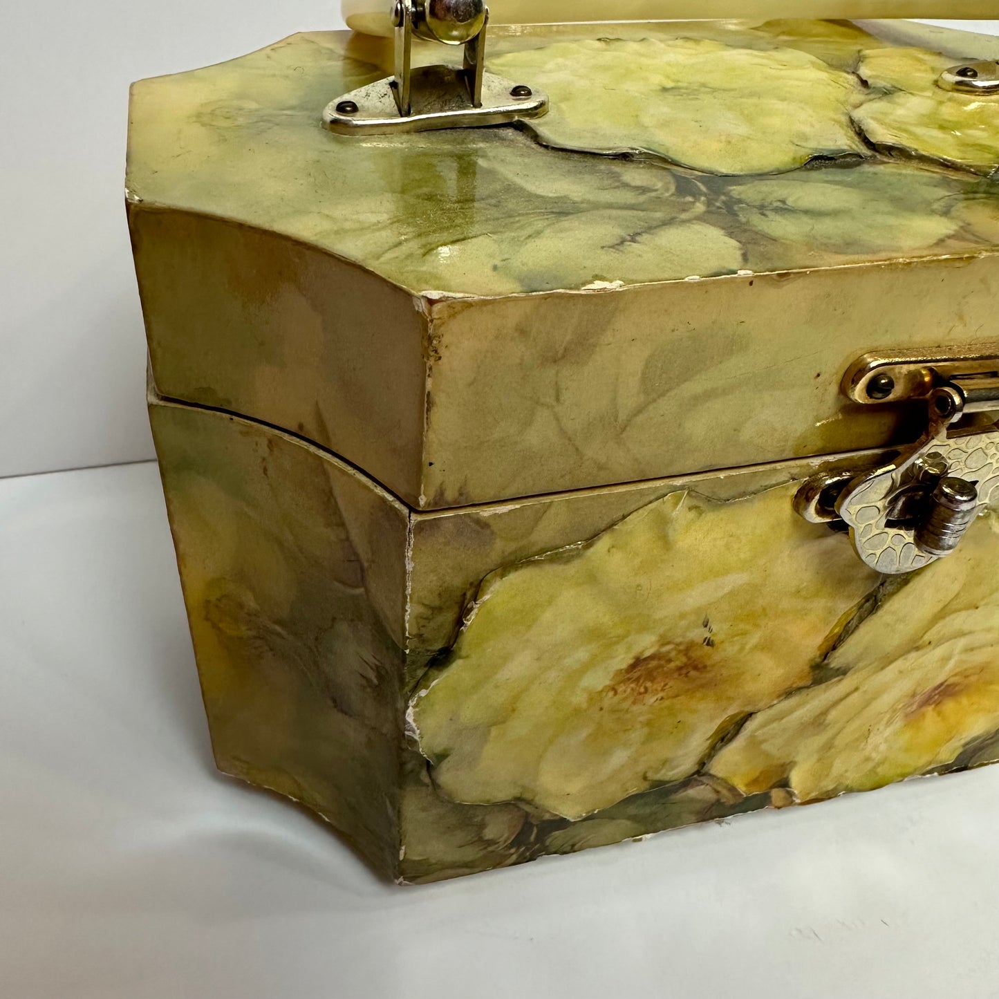Vintage 70s Wooden Box Bag Yellow Floral Decoupage