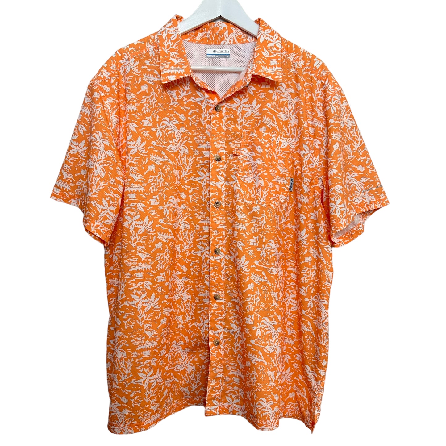 Columbia PFG Sper Slack Tide Camp Shirt Orange Tropical Print Omni - Shade XL
