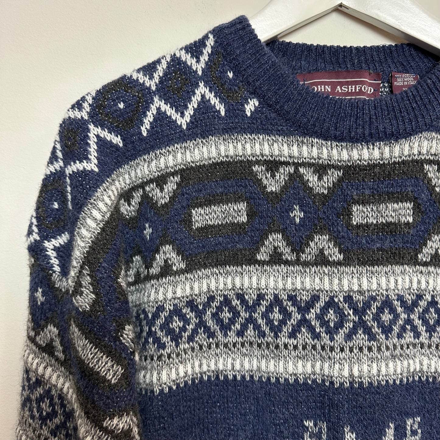 Vintage John Ashford Chunky Knit Fair Isle Grandpa Sweater Made in Italy XL