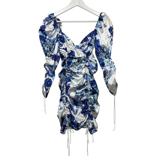 NWT For Love & Lemons Hyacinth Drawstring Mini Dress Blue White Floral XS