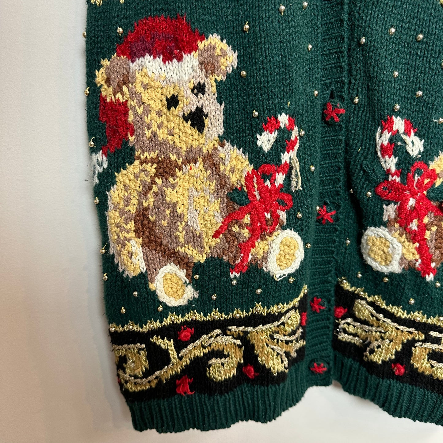 Vintage 90s Christmas Sweater Vest Chunky Knit Teddy Bears Red Green Plaid