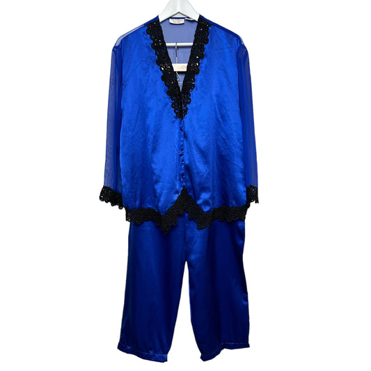 Vintage 80s 90s Victoria's Secret Gold Label Royal Blue Satin Set Long Sleeve Pants Medium