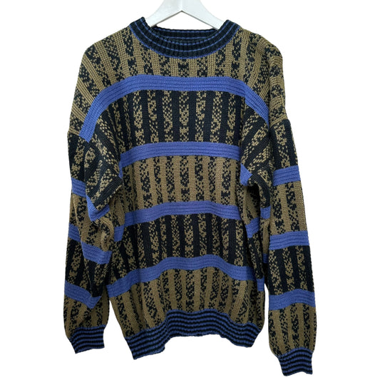 Vintage 90s Zeppelin Chunky Knit Grandpa Sweater Geometric Green Blue Large