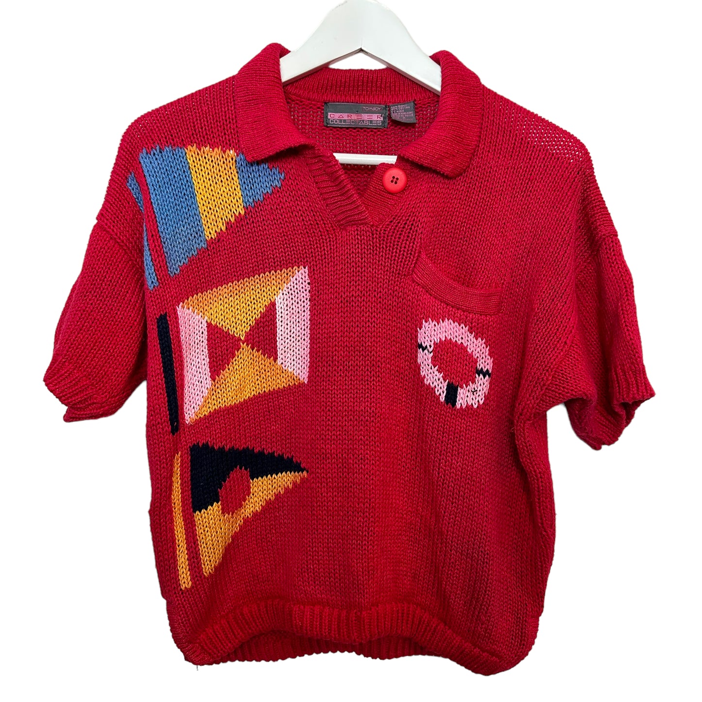 Vintage 90s Tomboy Career Collectables Knit Polo Sweater Cropped Red Medium
