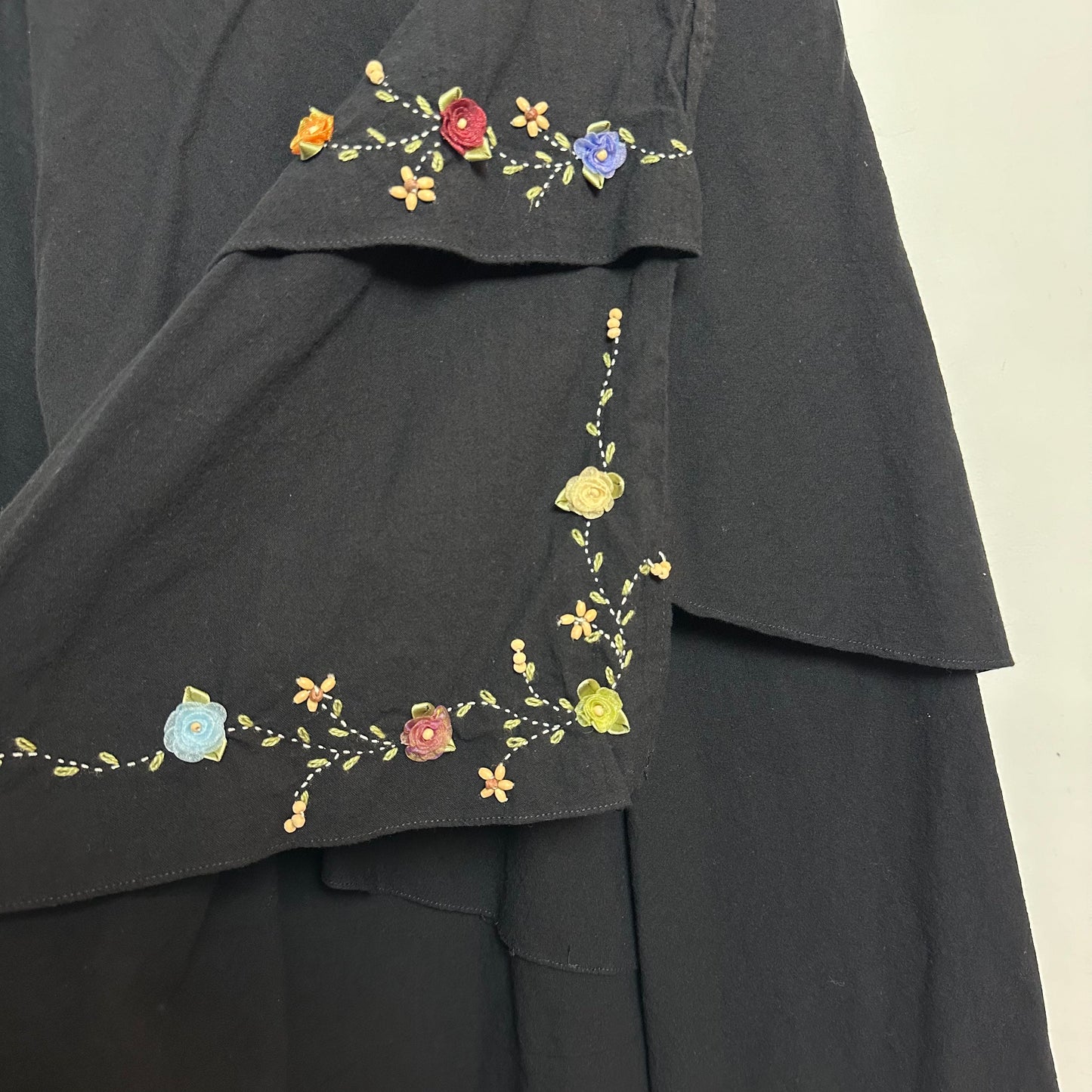 Jayli Wrap Skirt Black Embroidered Flowers Ruffled Midi Tie Waist