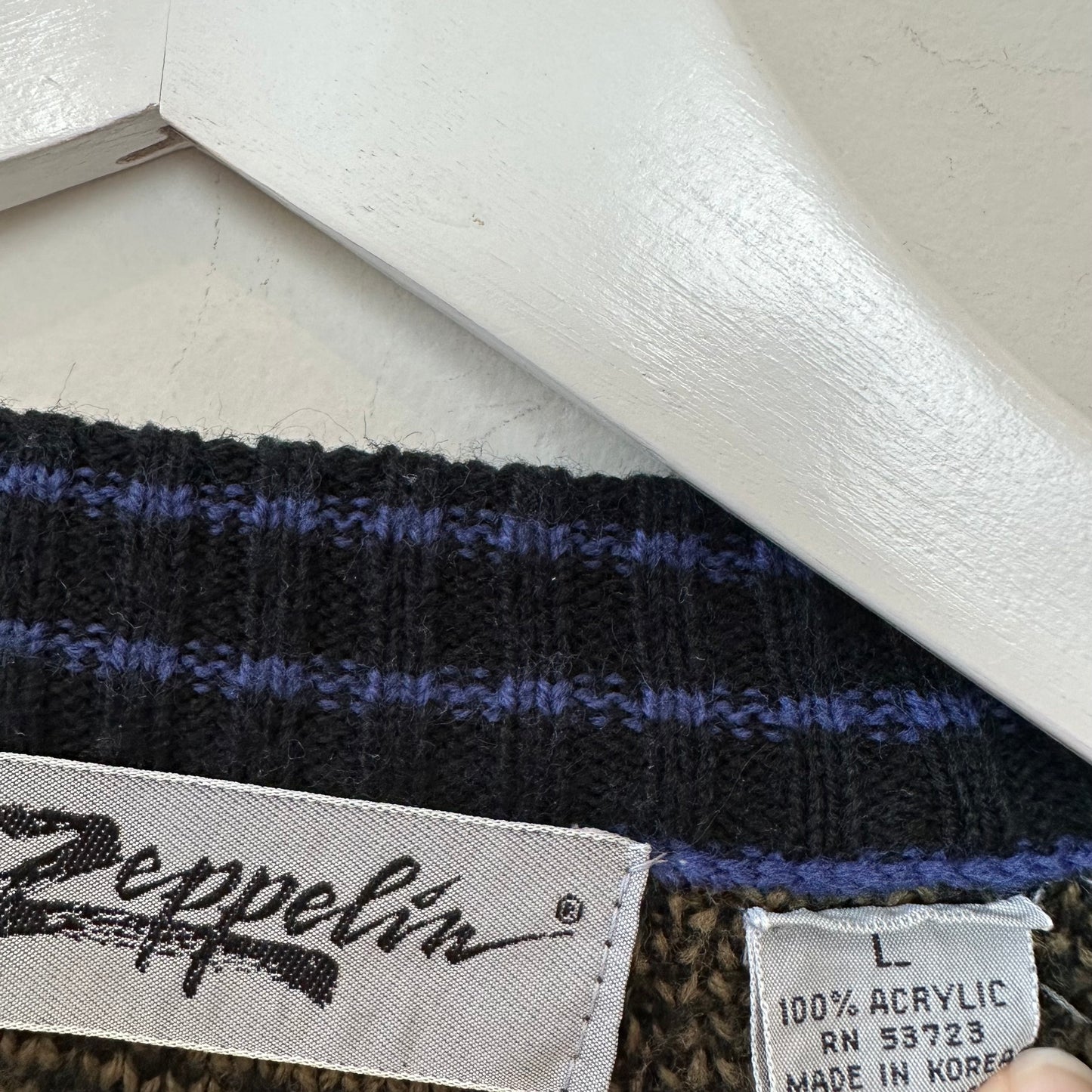 Vintage 90s Zeppelin Chunky Knit Grandpa Sweater Geometric Green Blue Large