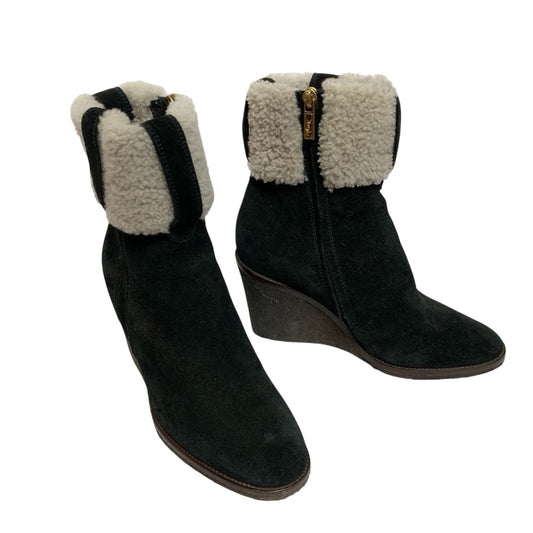 Yves Saint Laurent YSL Wedge Heel Aspen Suede Black Boots Shearling Fur 37.5