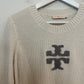 Tory Burch Logo Sweater Crewneck Cream Silver Long Sleeve Knit Medium