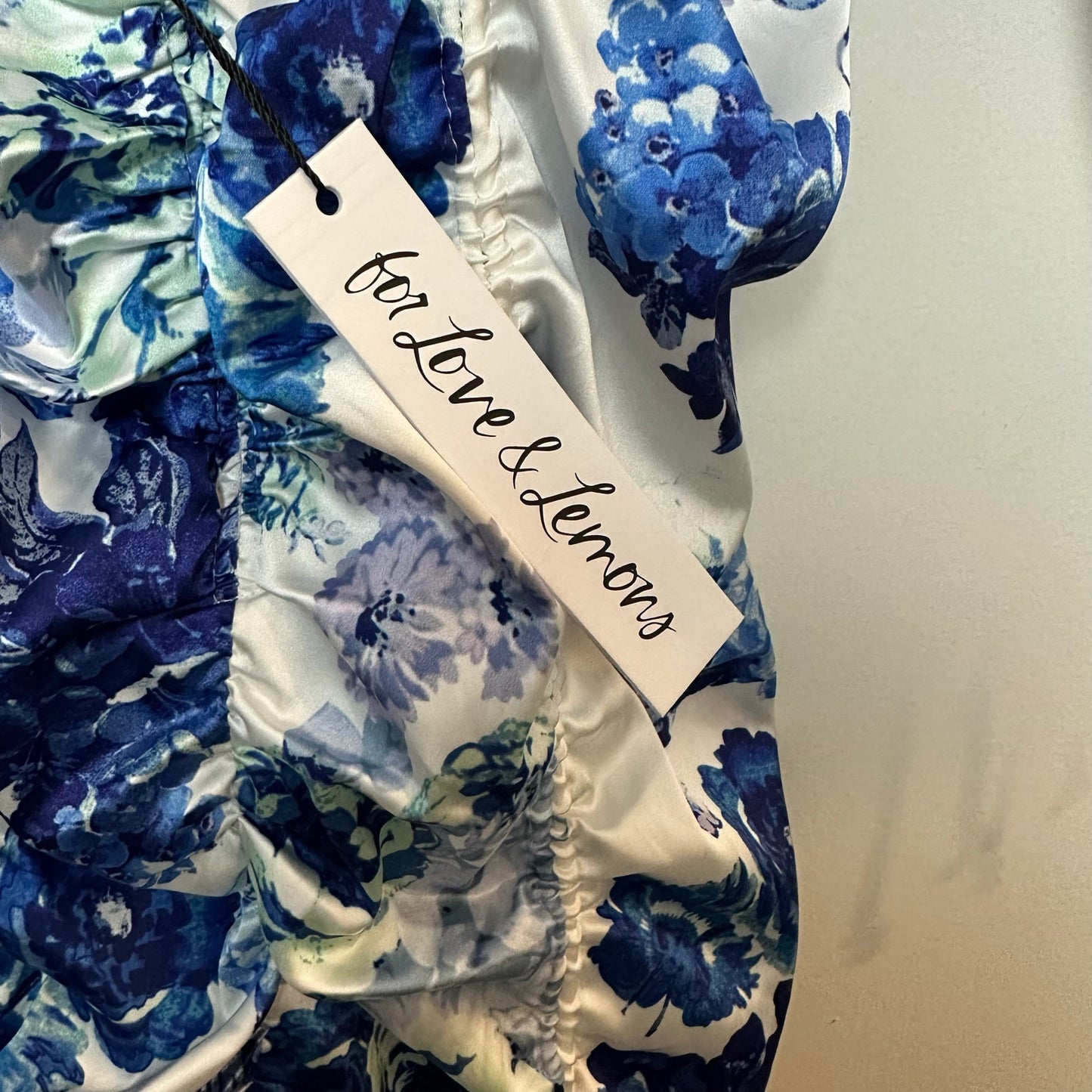 NWT For Love & Lemons Hyacinth Drawstring Mini Dress Blue White Floral XS