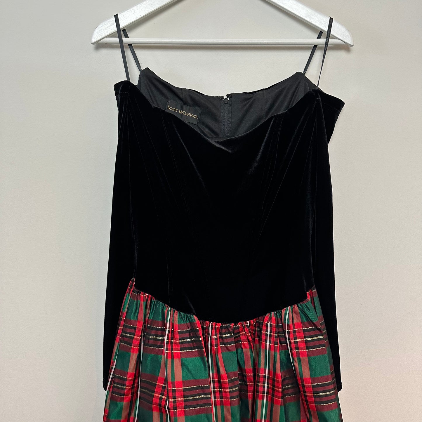 Vintage 80s Scott McClintock Tartan Red Plaid Ball Gown Off the Shoulder Dress Velvet 8