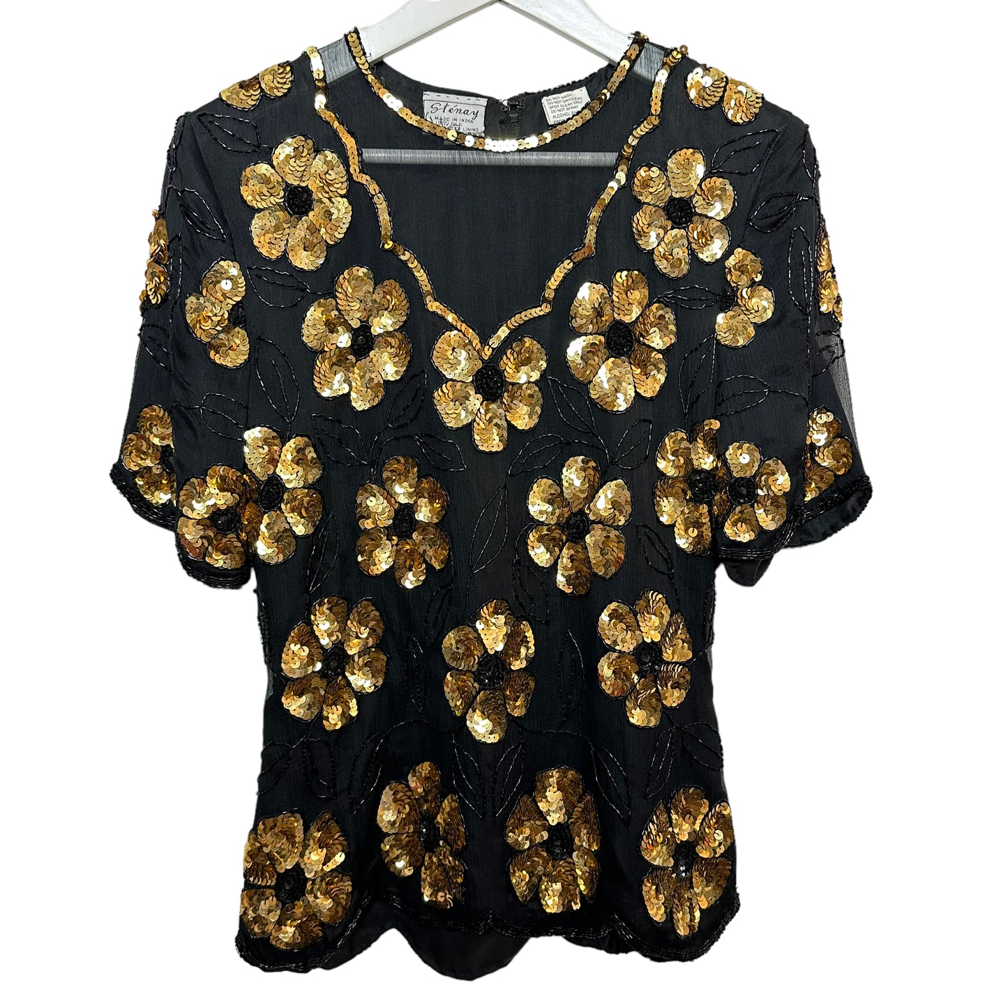 Vintage 80s Stenay Silk Sequin Blouse Evening Top Black Fold Flowers Medium