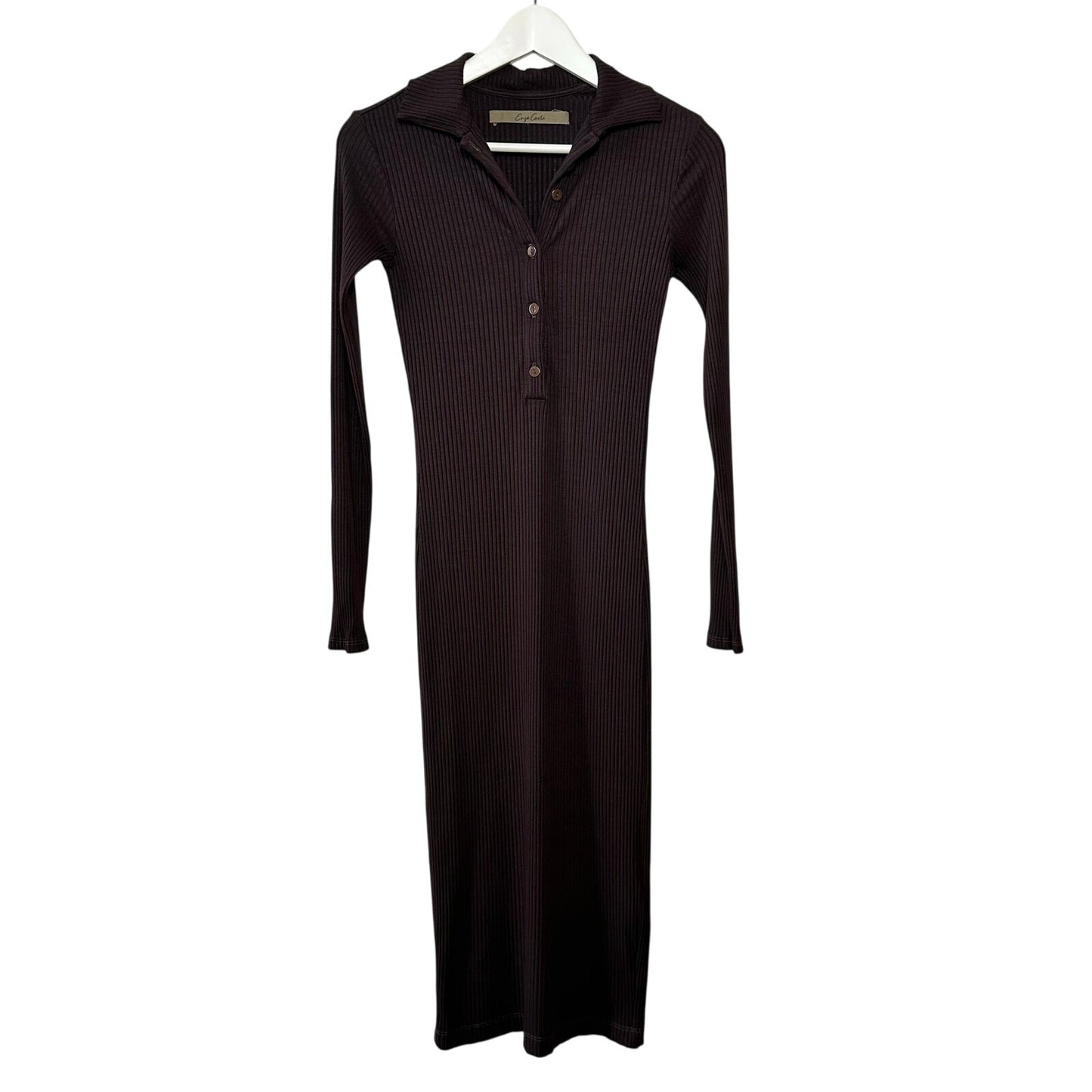 Enza Costa Ribbed Knit Polo DressCollared Mini Long Sleeve Brown Bodycon XS