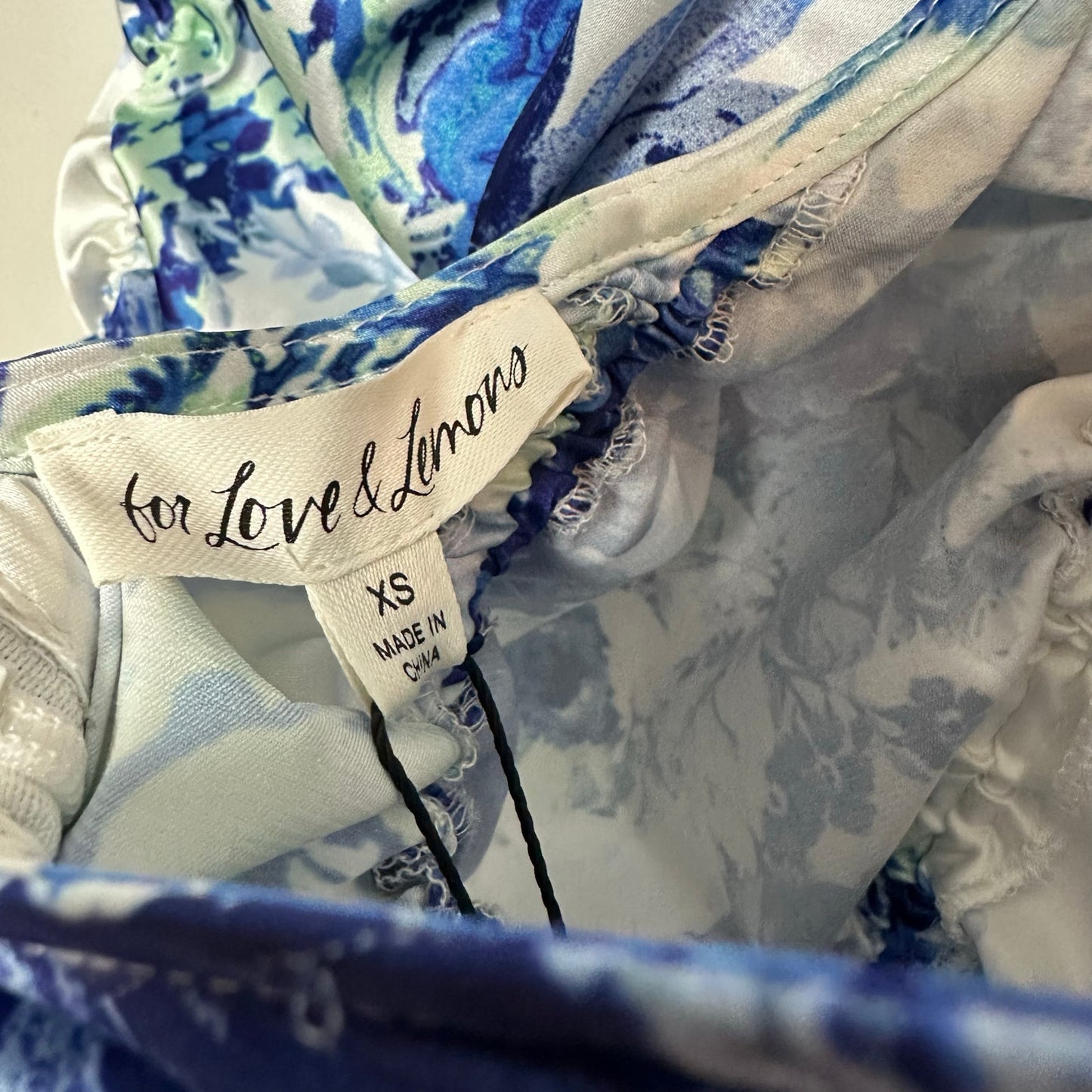 NWT For Love & Lemons Hyacinth Drawstring Mini Dress Blue White Floral XS