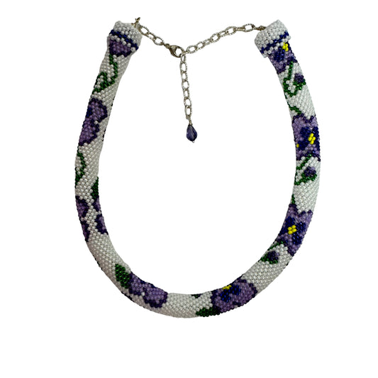 Beaded Pansies Necklace Purple Flowers Crochet Beaded