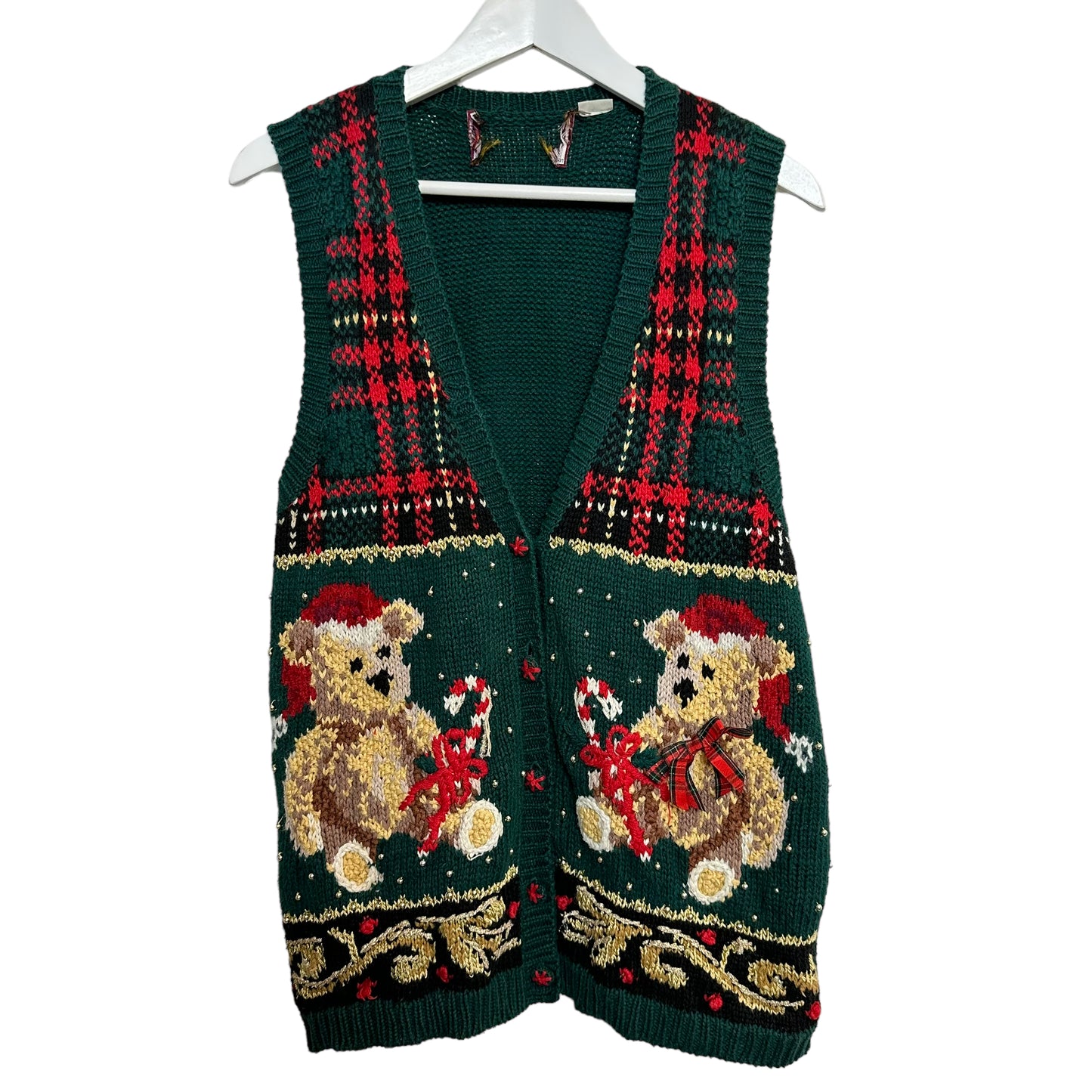 Vintage 90s Christmas Sweater Vest Chunky Knit Teddy Bears Red Green Plaid