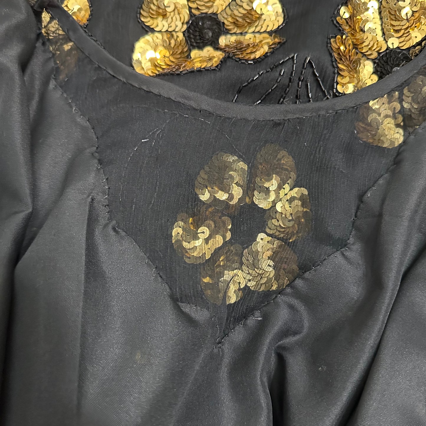 Vintage 80s Stenay Silk Sequin Blouse Evening Top Black Fold Flowers Medium