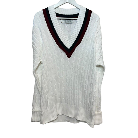 Retro Y2K V-Neck Sweater Tennis Hall of Fame 50th Anniversary White Cable Knit Large