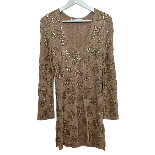 Zara Limited Edition Knit Mini Dress Gold Sequin Long Sleeve Knit Small