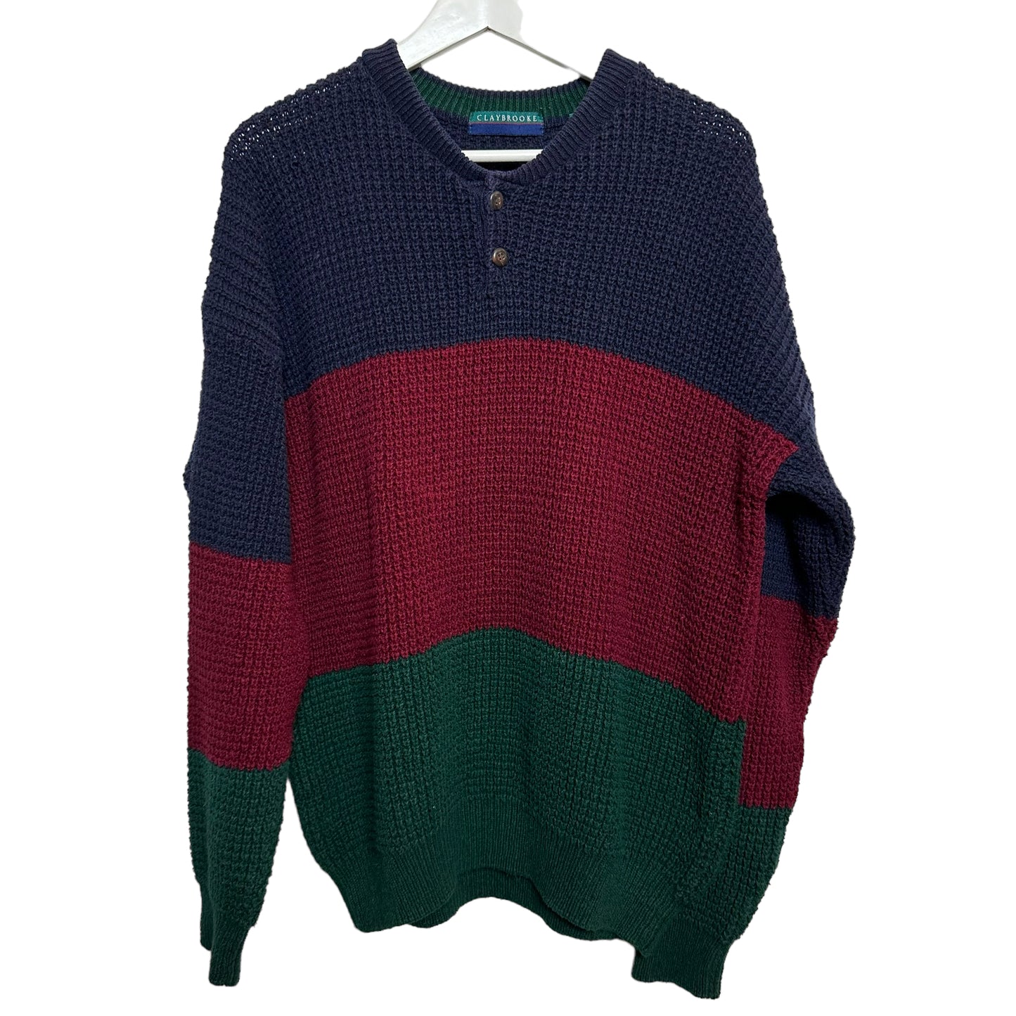 Vintage 90s Claybrooke Henley Sweater Chunky Knit Grandpa Bold Striped XL