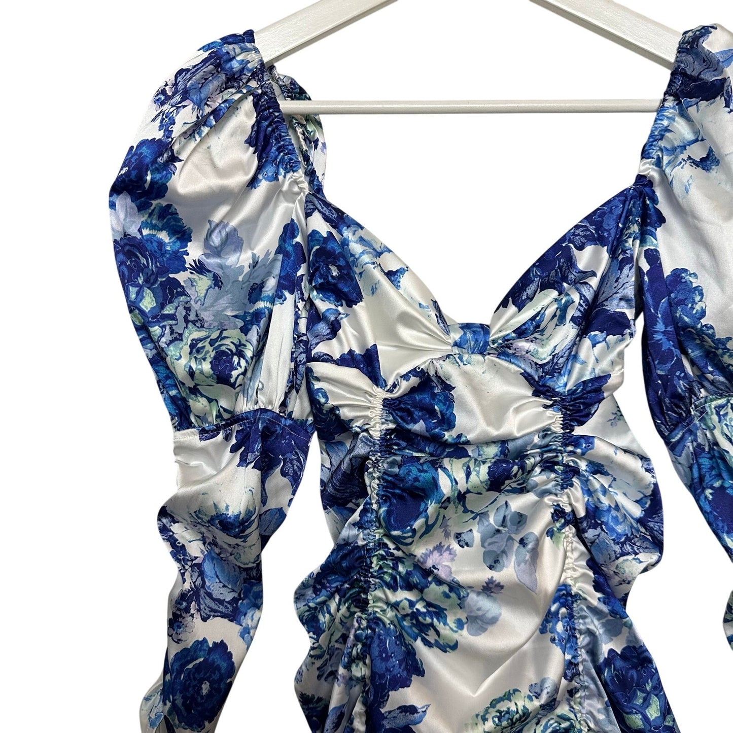 NWT For Love & Lemons Hyacinth Drawstring Mini Dress Blue White Floral XS