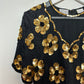 Vintage 80s Stenay Silk Sequin Blouse Evening Top Black Fold Flowers Medium