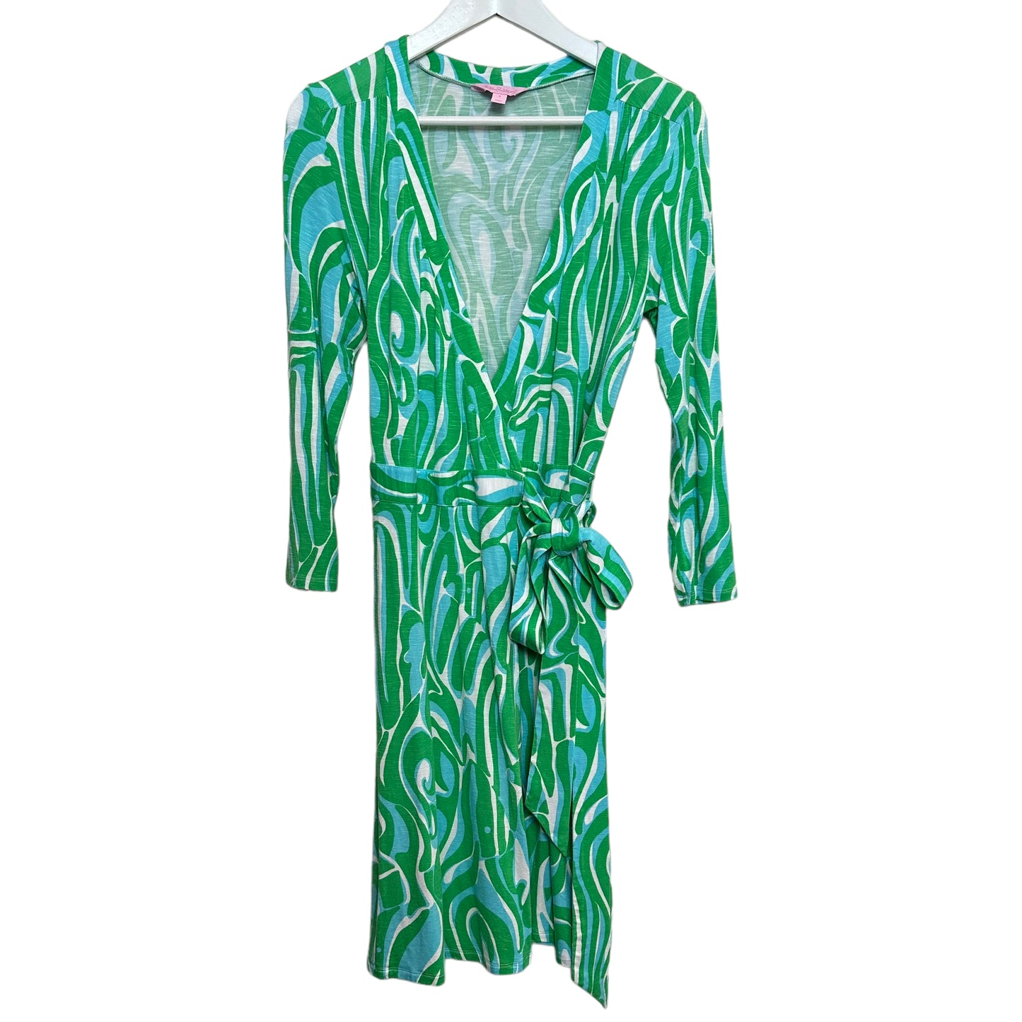Lilly Pulitzer Meridan Wrap Dress Blue Green Swirl 3/4 Length Sleeves Small
