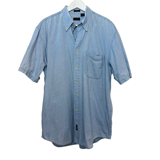 Vintage 90s Izod Denim Shirt Short Sleeve Button Down Chambray Cotton Medium