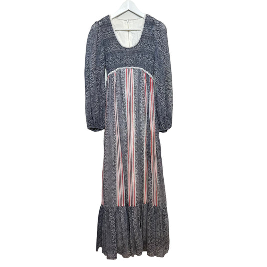 Vintage 70s Candi Jones Smocked Floral Maxi Dress Blue Red White Cottage 9