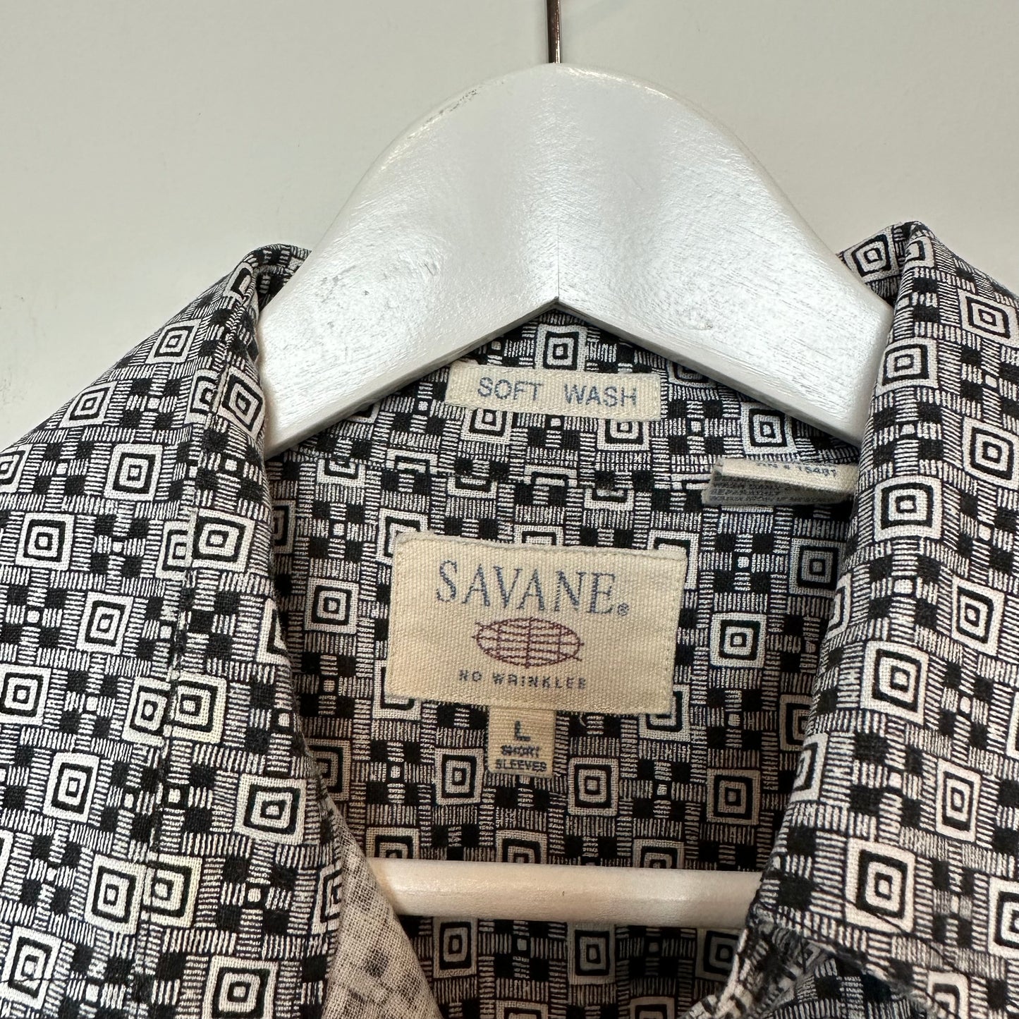 Retro Savane Short Sleeve Button Up Collared Shirt Geometric Print Black White Linen Cotton Large
