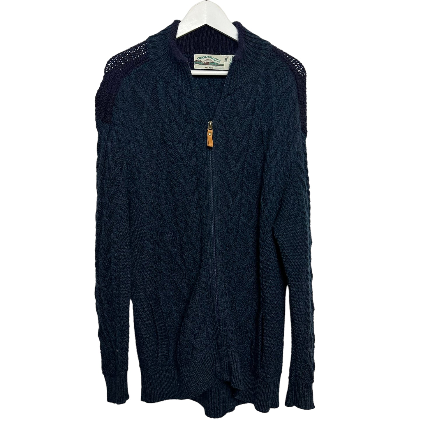 Aran Crafts Ireland 100% Merino Wool Cardigan Sweater Blue Chunky Knit XL