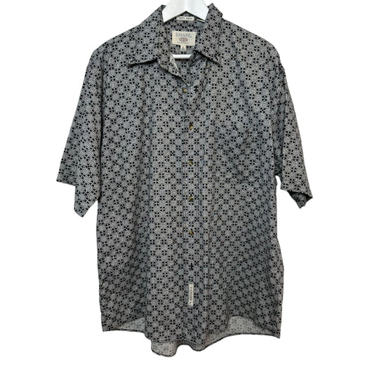 Retro Savane Short Sleeve Button Up Collared Shirt Geometric Print Black White Linen Cotton Large